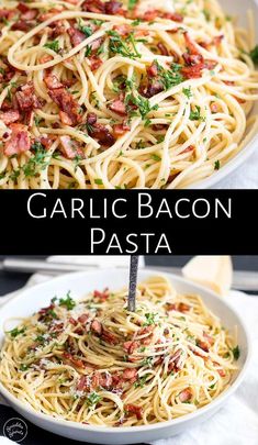 garlic bacon pasta in a white bowl with parmesan cheese and herbs on top