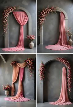 four different images of pink flowers and draping on the side of a gray wall