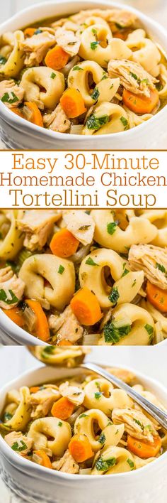 two pictures of chicken tortellini soup in a white bowl with the title above it