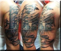 two people with tattoos on their arms, one has a boat and the other is an alligator