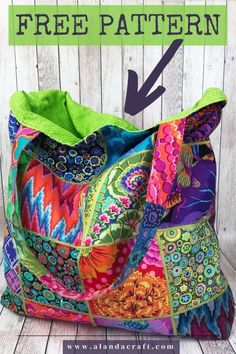 a colorful bag with the words free pattern on it and an arrow pointing to the bottom