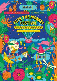 the poster for pete the monkey's festival is shown in blue and green colors