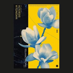 a blue and yellow poster with two flowers on the bottom half of it, in front of a black background