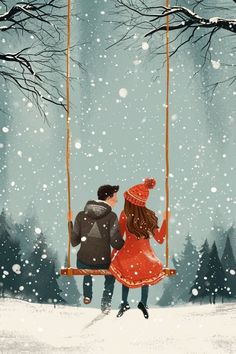 a man and woman sitting on a swing in the snow, looking at each other