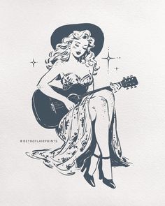 a drawing of a woman with a hat and guitar sitting on the ground in front of a white background