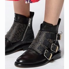 Edgy, Modern, Ultra Cool. Zadig & Voltaire Women’s Black Leather Ankle Boots, Iconic Style, Metal Inside Zip, Decorative Tab Embellished With Studs On The Front, Thick Leather Sole. 73% Goatskin 27% Cow Leather Size 40 (Eu); 10 (Us) Heel Height: 2.5 Cm (Approx 1") Subtle, Two-Tone Adjustable Buckles (Gold And Silver) Side Zip For Easy On/Off Signature Silver Metal Wings Logo On Heel Brand New With Original Z&V Box, Receipt, And Dust Bag Low Heel Booties, Metal Wings, Studded Ankle Boots, Buckle Ankle Boots, Genuine Leather Boots, Wings Logo, Black Leather Ankle Boots, Western Leather, Iconic Style