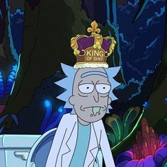 an animated character with a crown on top of his head sitting in front of trees