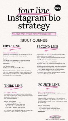 a white and pink brochure with the words four line instagramm bio strategy