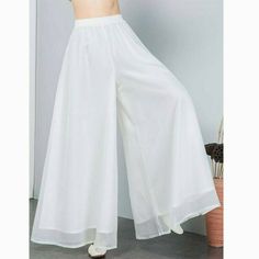 Casual White Chiffon Bottoms, Elegant Chiffon Bottoms For Vacation, Spring Chiffon Pants, Casual Chiffon Wide Leg Pants, Spring Wide-leg Chiffon Pants, White Chiffon Bottoms For Summer, Summer Chiffon Trousers, Casual Solid Chiffon Bottoms, Casual Chiffon Wide-leg Pants