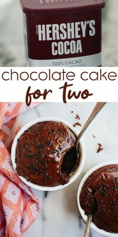 chocolate cake for two in a white bowl on a marble counter top with the title overlay reading hershey's cocoa