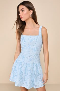 Stepping out in sweet style is always easy with a spring-approved look like the Lulus Exuberant Elegance Light Blue Jacquard Drop Waist Mini Dress! This flirty dress has a woven organza construction (with a textured floral jacquard design throughout) that shapes a sleeveless bodice with seam detailing, a square neckline, and tank straps. The figure-flaunting silhouette continues down to a skirt that boasts a trendy drop waist design and finishes at a too-cute mini hem. Long tying sashes create a Hoco 2024, Recruitment Outfits, Light Blue Dress, Hoco Dress, Rush Dresses, Jacquard Design, Sorority Recruitment, Flirty Dresses, Floral Jacquard