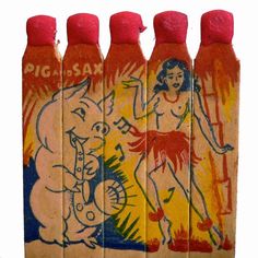 four bottles with cartoon images on them are lined up in a row, one has a woman and the other is an elephant