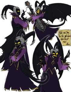 two cartoon characters dressed in black and purple