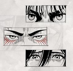 an anime character's eyes are shown in three different ways, including the upper half of