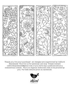 three bookmarks with flowers and birds on them, one has the words thank you for your