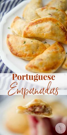 this is an image of portuguese empanadas on a white plate with text overlay