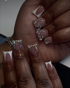 duck nail shorties inspo french tip Short Acrylic Nails Dramatic, Short Diamond Acrylic Nails, Short Dramatic Acrylic Nails, Birthday Nail Set Short, Short Diamond French Tip Nails, Short Zodiac Nails, Short Birthday Acrylic Nails, Steletoes Nails French Tip, Duck Nails With Rhinestones