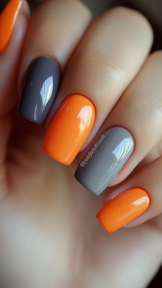 Orange and Grey Duo nails combine vibrant and muted tones for a stylish, modern fall look! This chic color pairing will make your autumn nails stand out. Click the pin and follow us for more trendsetting fall nail ideas! #FallNails #OrangeAndGrey #AutumnStyle #NailInspo #ColorCombo Orange Nail Combo, Orange And Grey Nails Color Combos, Fall Nail Color Designs, Fall Nails Multiple Colors, Nails Colors For Fall, Winter Orange Nails, Orange Grey Nails, Sns Fall Colors, Autumn Nails Gel