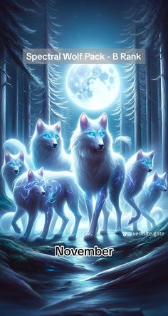 a group of wolfs standing next to each other in front of a full moon