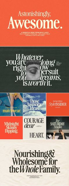 an advertisement with different font styles and colors