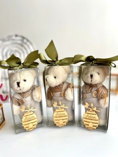 two small teddy bears in clear boxes with green bows