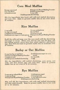 an old menu with instructions on how to make biscuits and other treats for breakfast or brunch