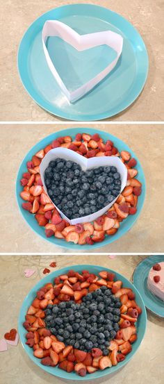 two plates with blueberries and strawberries in the shape of a heart