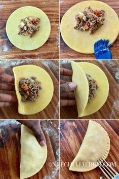 the process of making tortillas with ground meat and vegetables is shown in four pictures