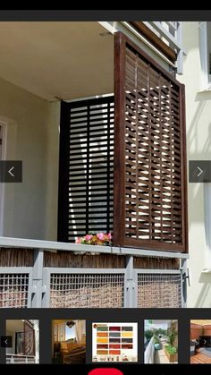 an open window with wooden slats on the outside and in front, is shown