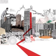 a collage of people and buildings with red arrows pointing to the city's skyscrapers