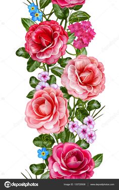 an illustration of pink roses with blue and purple flowers on the bottom right hand corner