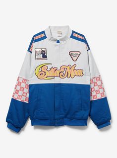 Harness the power of Pretty Guardian Sailor Moon with this racing jacket! Features "Sailor Moon" lettering on the front  icon decorations on the sleeves  and more details inspired by the classic anime.A BoxLunch Exclusive!Outer shell: 100% cotton twillLining: 100% polyesterListed in unisex sizesWash cold with like colors; dry lowImported Sailor Moon Watches, Sailer Moon And Tuxedo Mask, Sailor Mercury Shoes, Tuxedo Mask Naked, Tuxedo Mask Body Pillow, Sailor Moon Rose Tuxedo Mask, Sailor Moon Mask Tuxedo, Moon Jacket, Sailor Moon Outfit