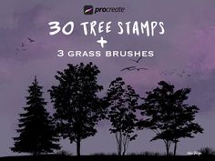 three trees with the words 30 tree stamps and 3 grass brushes