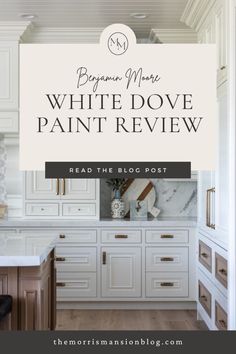 white painted kitchen cabinets with text overlay that reads, branmore white paint review read the blog post