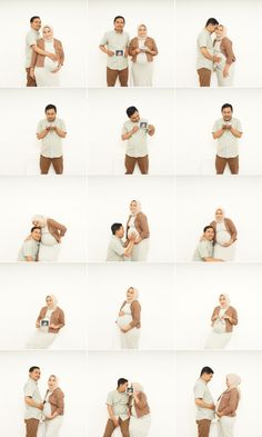 multiple shots of people posing together in different poses, with one holding the other's head