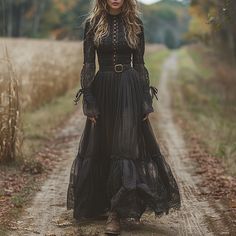 Dresses Witchy Boho Fashion, Winter Solstice Dress, Boho Witch Outfits, Vintage Gothic Dress, Vintage Dress Aesthetic, Medieval Clothing Women, Black Long Dresses, Retro Lace Dress, Dark Boho Fashion