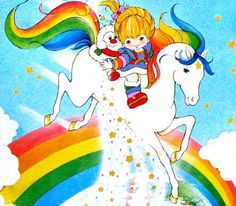 a child riding on the back of a white horse with rainbows in the background