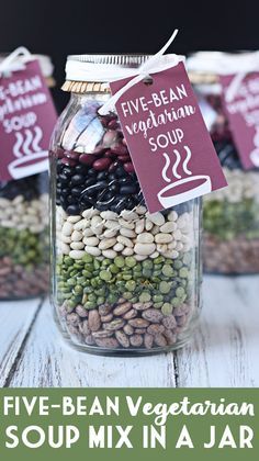 five - bean vegetarian soup mix in a jar with tags on it and the words five - bean vegetarian soup in a jar