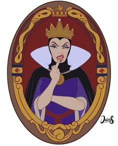 the evil queen from disney's snow white and the seven dwarfs is shown in an oval