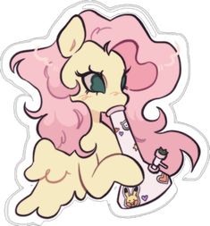 a pink pony with long hair and big eyes sitting on top of a sticker