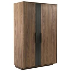 a tall wooden cabinet with two doors on one side and an open door on the other