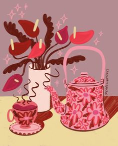 a pink teapot with flowers in it next to a cup and saucer