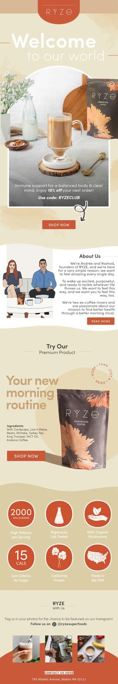 This welcome email from RYZE hits the nail on the head! We love the background on the founders, key differentiators, and cool icons. Welcome Emails, Mushroom Coffee, Infographic Design Inspiration, Clear Mind, Morning Ritual, Infographic Design, Coffee Lover