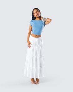 You’ll always be top tier in this white tiered maxi skirt 👑 Made from viscose challis fabric and featuring an elastic waistband and A-line design - this piece is the perfect closet staple to pair with everything 🤍 White Tiered Skirt Maxi Dress For Vacation, White Tiered Maxi Skirt For Vacation, White Flowy Tiered Maxi Skirt, Tiered Rayon Skirt, Casual White Tiered Maxi Skirt, White Tiered Maxi Dress With Ruffled Skirt, White Maxi Dress With Ruffled Tiered Skirt, Casual Maxi Dress With Gathered Tiered Skirt, Casual Maxi Dress With Tiered Gathered Skirt