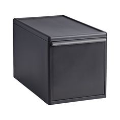 a black plastic storage box on a white background