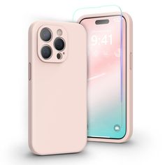 an iphone case with a glass screen protector on the front and back cover in light pink