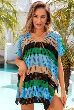 Elluis - Hollow-Out Knit Top with Striped Pattern and V-Neckline Craft Crochet, Summer Craft, Striped Tunic, Crop Top Dress, Long Sleeve Evening Dresses, Swimwear Beach, Long Sleeve Short Dress, Knit Tunic, Cozy Knits