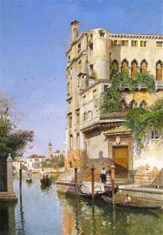 an oil painting of a building on the water