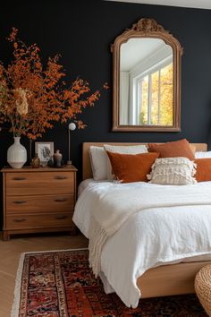 White Moody Bedroom, Bedrooms For Women, Bedroom With Cherry Furniture, Black Interior Bedroom Design, Black And Mustard Bedroom, Black And Amber Bedroom, Moody House Aesthetic, Dark Zen Bedroom, Moody Bedroom Design