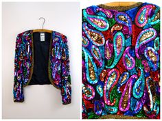 "An amazing vintage glam piece fully embellished with multicolored sequins and is in perfect condition! Measurements: Bust - 40\" Shoulder to Shoulder - 16\" Sleeves - 24\" Length - 19\" Tag Size - Medium All of my items come from a smoke-free and pet-free home. I'm happy to answer any questions!" Vintage Jacket Outfit, Vintage Sequin Jacket, 80s Glam, 80s And 90s Fashion, Travel Clothes, 80s Vibes, Wool Coat Women, Vintage Rainbow, Vintage Glam